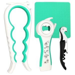 Otstar Jar Opener & Bottle Opener Set for Weak Hands - Multi-Function Kitchen Opener Tool for Seniors with Arthritis, Elderly - Includes Jar Lid Gripper Pad, Corkscrew Opener